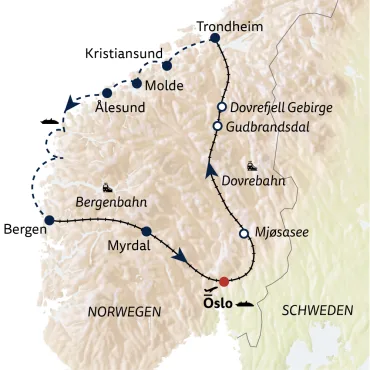 Reiseverlauf Kombinationsreise Norwegens Vielfalt per Bahn & Postschiff