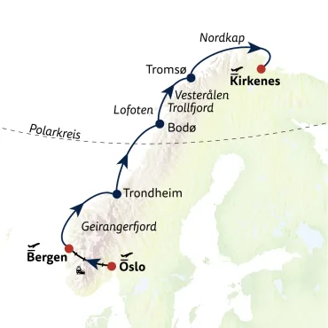 Reiseverlauf Havila Küstenerlebnisse auf der Nordroute Bergen - Kirkenes mit Oslo, Bergenbahn und Kirkenes