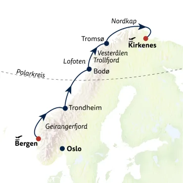 Reiseverlauf Schiffsreise mit Havila ab Bergen/bis Kirkenes