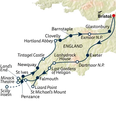 Reiseverlauf Autoreise Cornwall intensiv