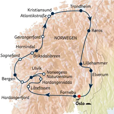 Reiseverlauf Autoreise Gletscher, Fjorde, Wasserfälle mit Fähranreise