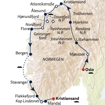 Reiseverlauf Autoreise Fjorde & Postschiffimpressionen mit Fähranreise