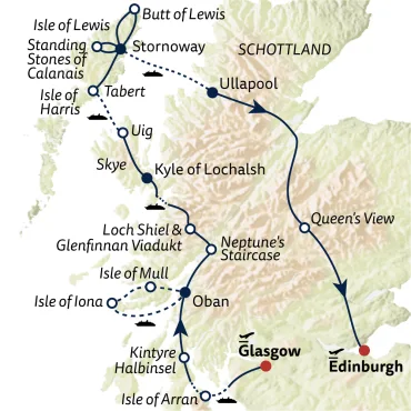 Reiseverlauf Busreise Wilde Westküste - schottische Inselparadiese