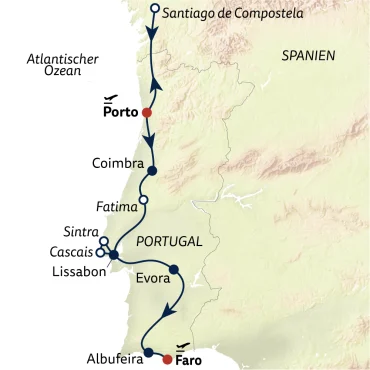 Reiseverlauf Busreise Kulturschätze Portugals & die Pilgerstätte Santiago
