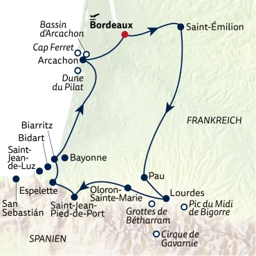 Reiseverlauf Frankreich – Rendezvous zwischen Atlantik & Pyrenäen - 12 Tage