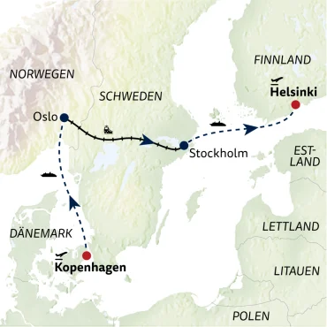 Reiseverlauf Kombinationsreise Skandinaviens Hauptstädte per Bahn & Schiff