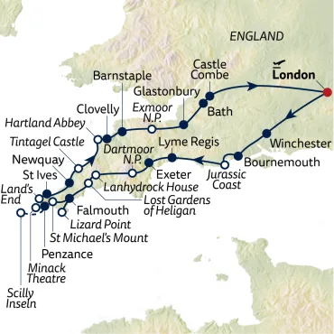 Reiseverlauf Autoreise Cornwall intensiv - Tour A