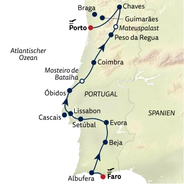 Reiseverlauf Portugal - Romantische Dörfer & prächtige Paläste - 10 Tage