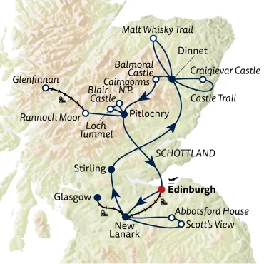 Reiseverlauf Autoreise Ferienhaus-Urlaub in den Highlands - Tour A