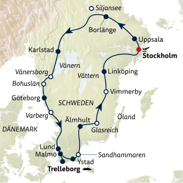 Reiseverlauf Autoreise Schweden in all seinen Facetten ab/bis Stockholm