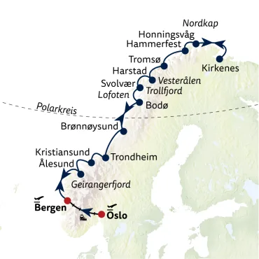 Reiseverlauf Norwegen umfassend mit Hurtigruten, Oslo & Bergenbahn