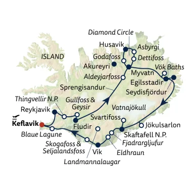 Reiseverlauf Autoreise Diamond Circle, Hochland & Ostfjorde