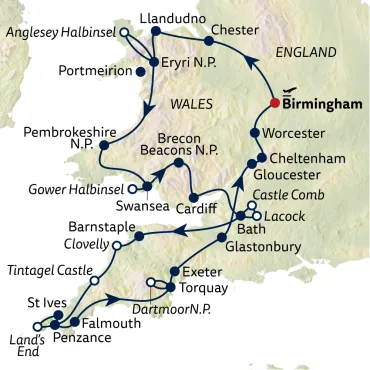 Reiseverlauf Autoreise Wales & Cornwall hautnah erleben