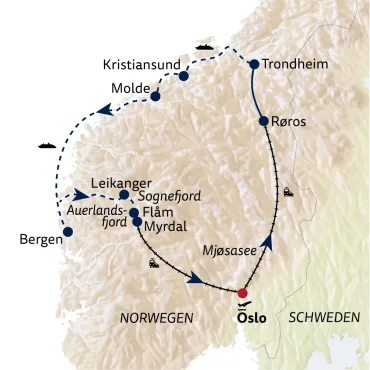 Reiseverlauf Kombinationsreise Fjordwelt, Flåmbahn & Hurtigruten