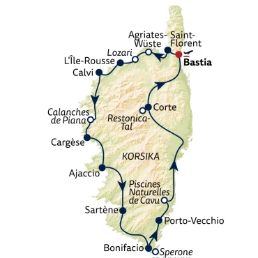Reiseverlauf Autoreise Korsika – Zwischen Mittelmeer, Bergwelten & Macchia-Duft - 8 Tage