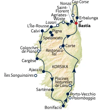 Reiseverlauf Autoreise Korsika – Zwischen Mittelmeer, Bergwelten & Macchia-Duft - 11 Tage