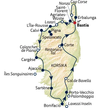Reiseverlauf Autoreise Korsika – Zwischen Mittelmeer, Bergwelten & Macchia-Duft - 15 Tage mit Verlängerung