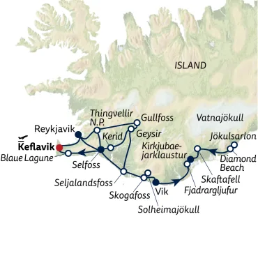 Reiseverlauf Islands Südküste – Naturgewalten & spektakuläre Kulissen - 8 Tage