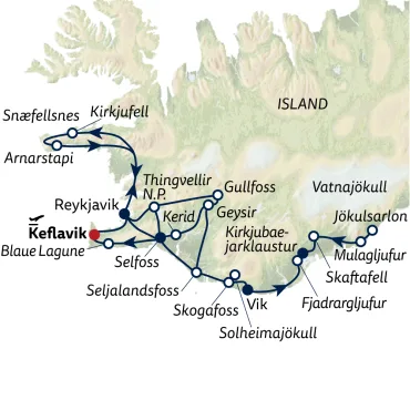 Reiseverlauf Islands Südküste – Naturgewalten & spektakuläre Kulissen - 10 Tage