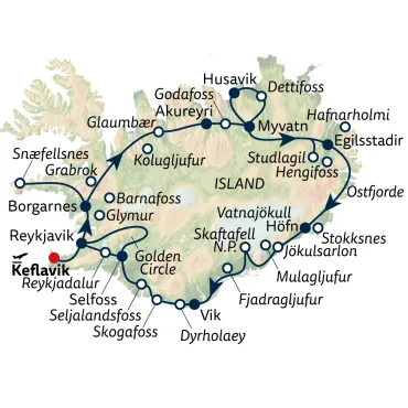 Reiseverlauf Island – Wanderparadies zwischen Gletschern, Schluchten & Wasserfällen - 15 Tage