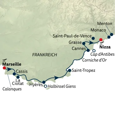Reiseverlauf Côte d’Azur – Zwischen Glamour, Panoramastraßen & dem Blau der Riviera - 8 Tage