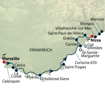 Reiseverlauf Côte d’Azur – Zwischen Glamour, Panoramastraßen & dem Blau der Riviera - 10 Tage