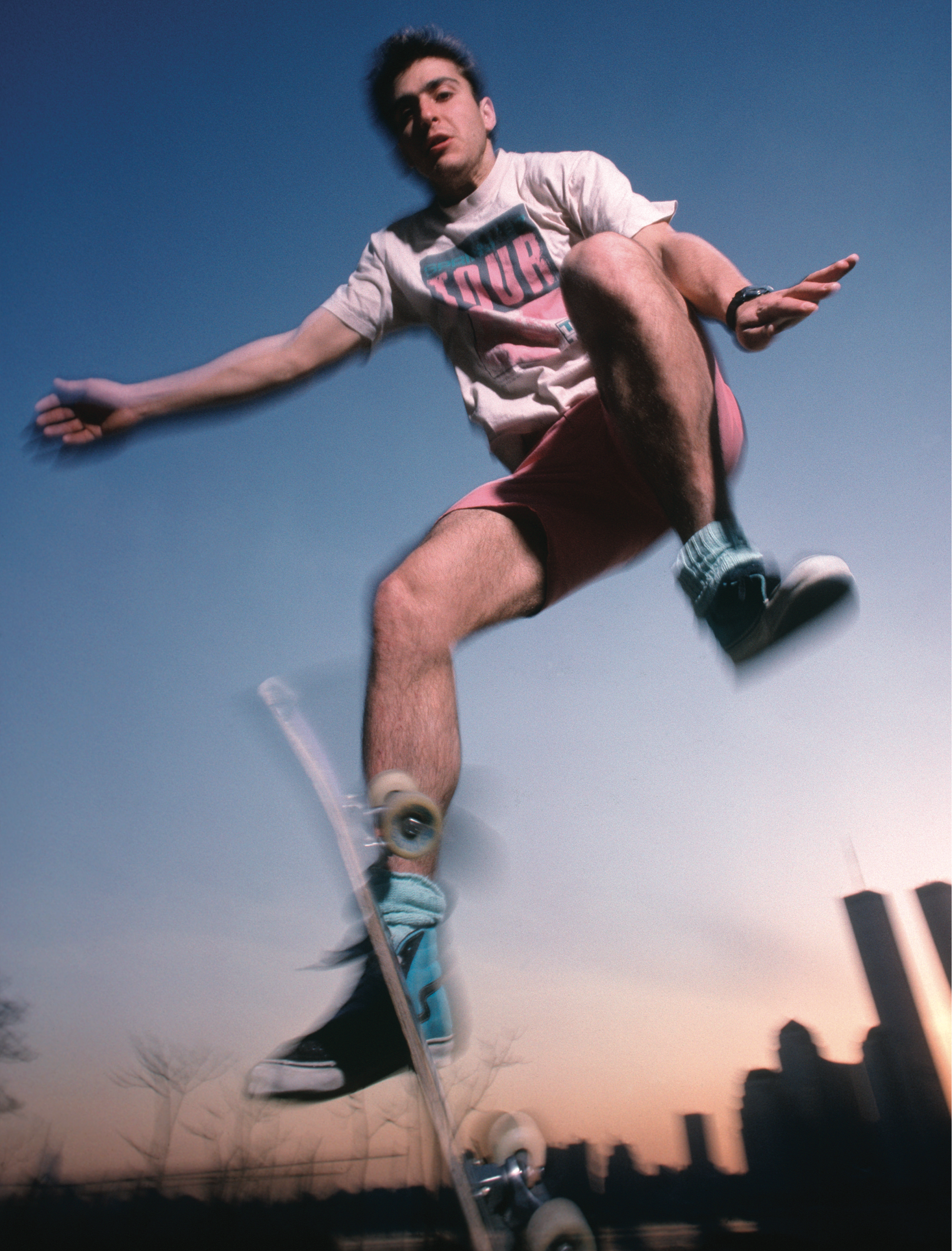 NYC skateboarder doing tricks 1980s
