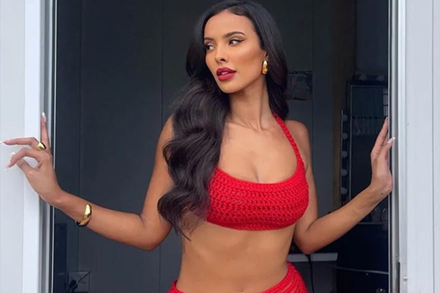 Maya Jama wearing red crochet two-piece