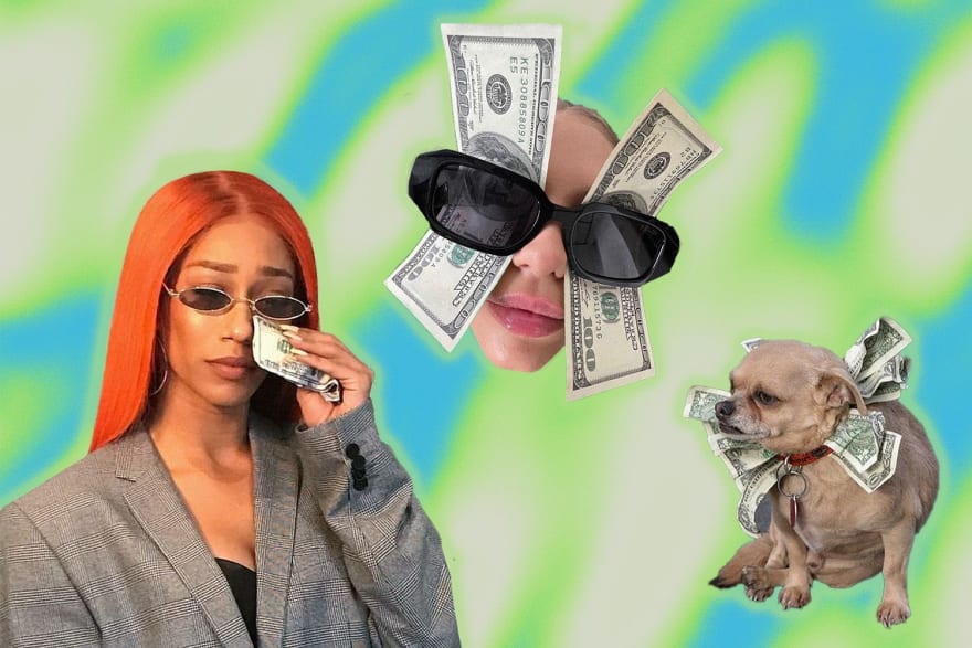 A woman holding money, a dog and a woman with sunglasses