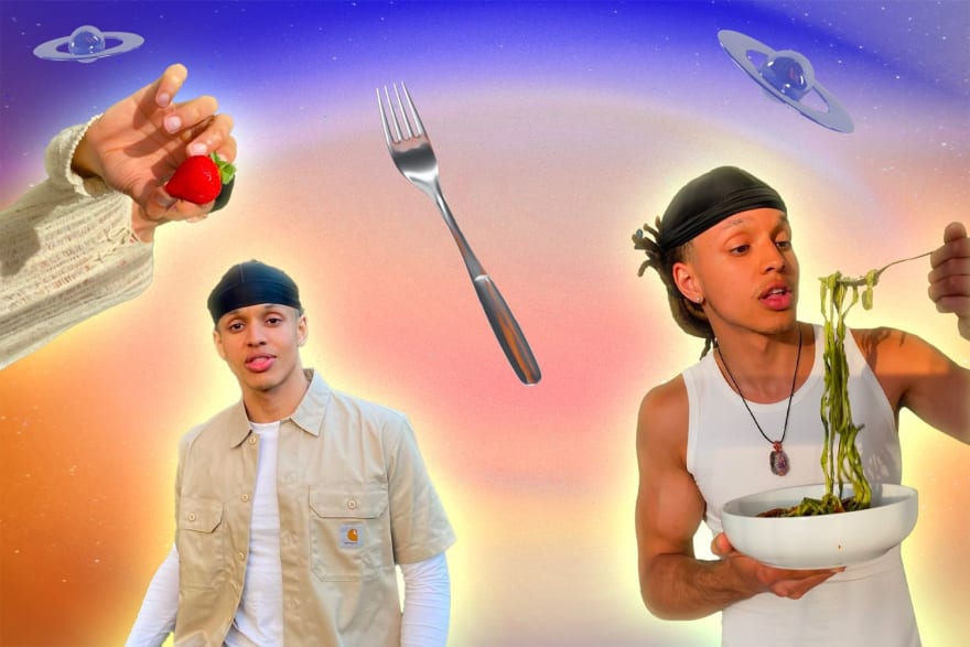 A man holding a bowl of food, a person holding a strawberry and a fork