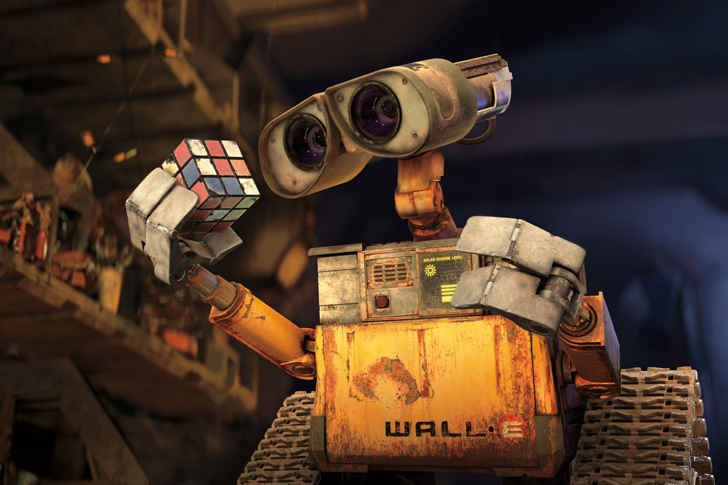 Walle robot holding rubix cube