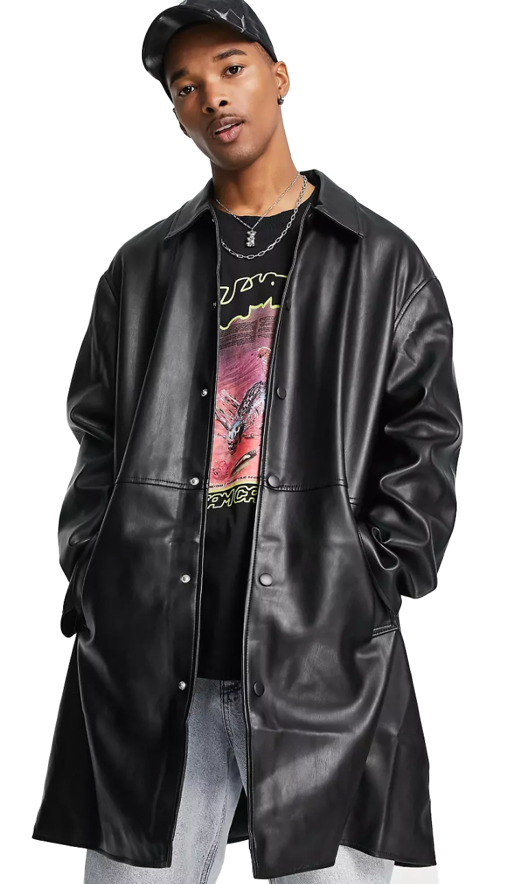 ASOS Design - Faux Leather Longline Trench Coat Black