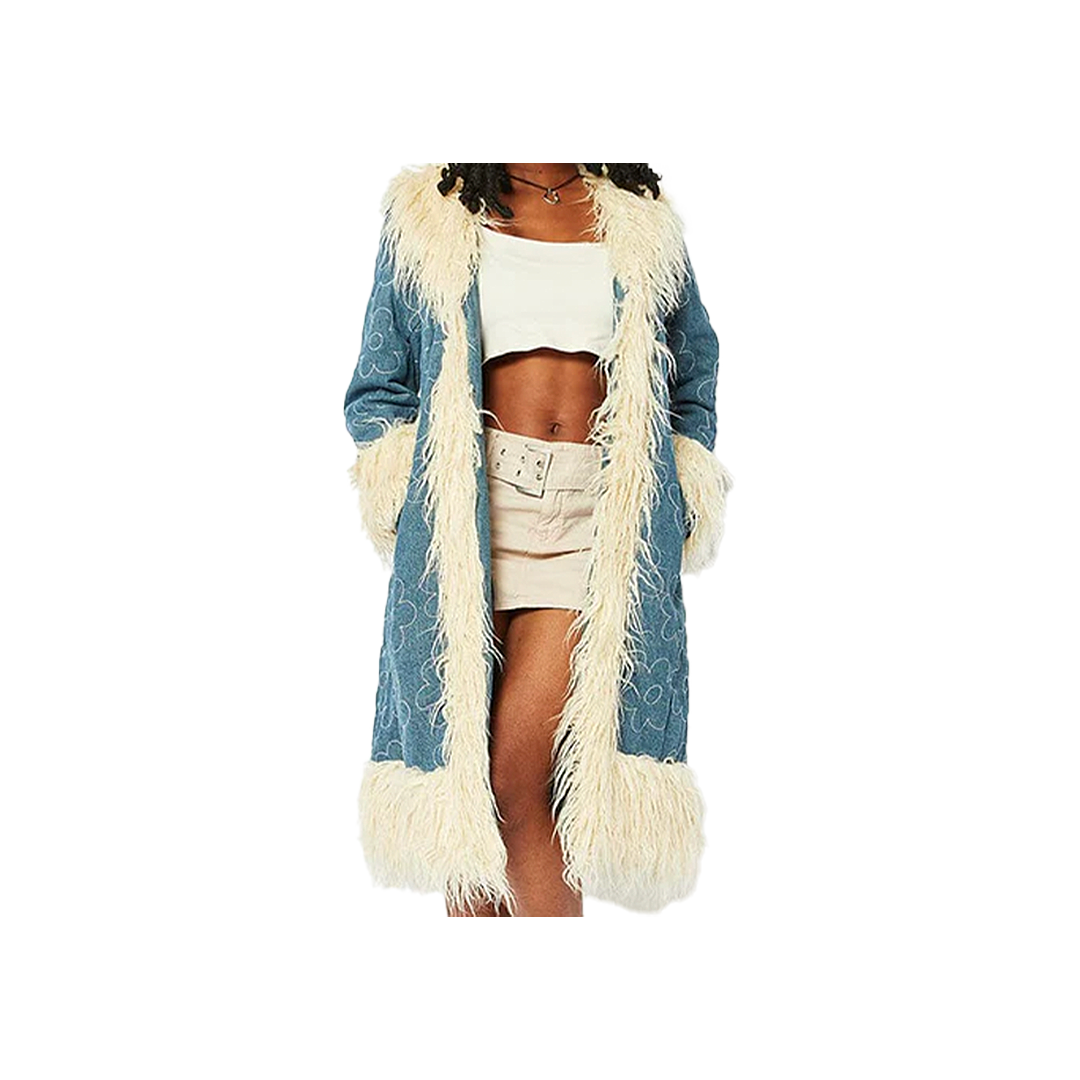 Flower Quilt Denim Longline Coat with Ivory Fluffy Trim