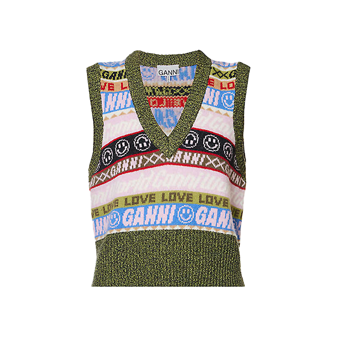 Graphic print V-neck recycled wool-blend top
