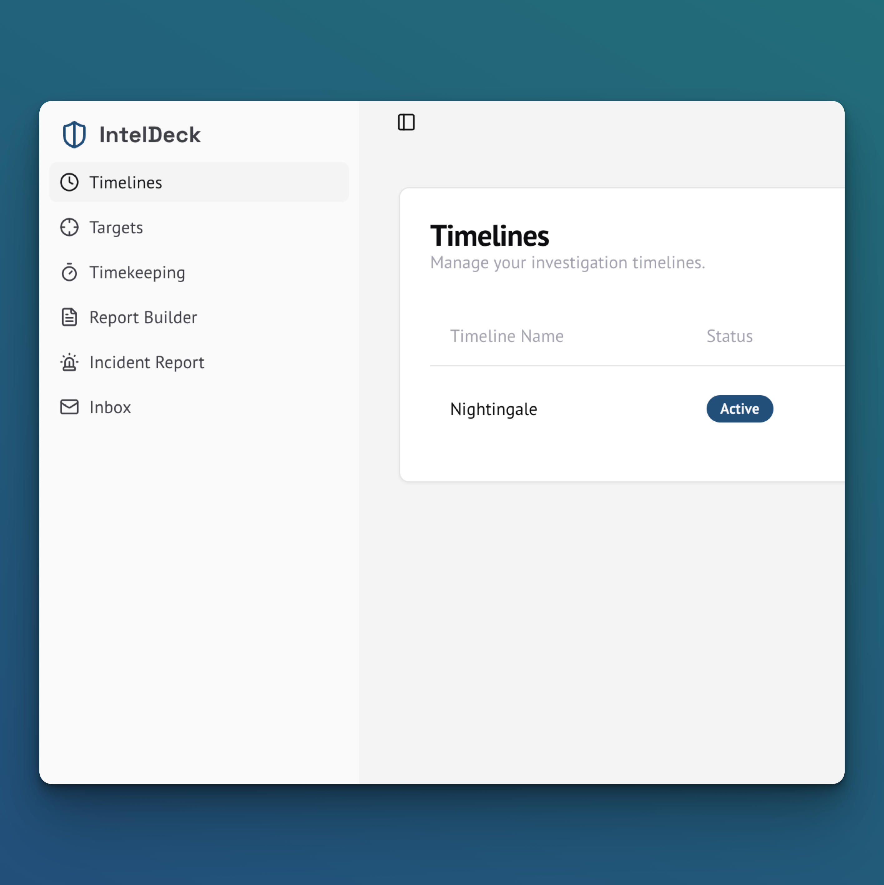 A screenshot of the IntelDeck application dashboard, showing a timeline of events.