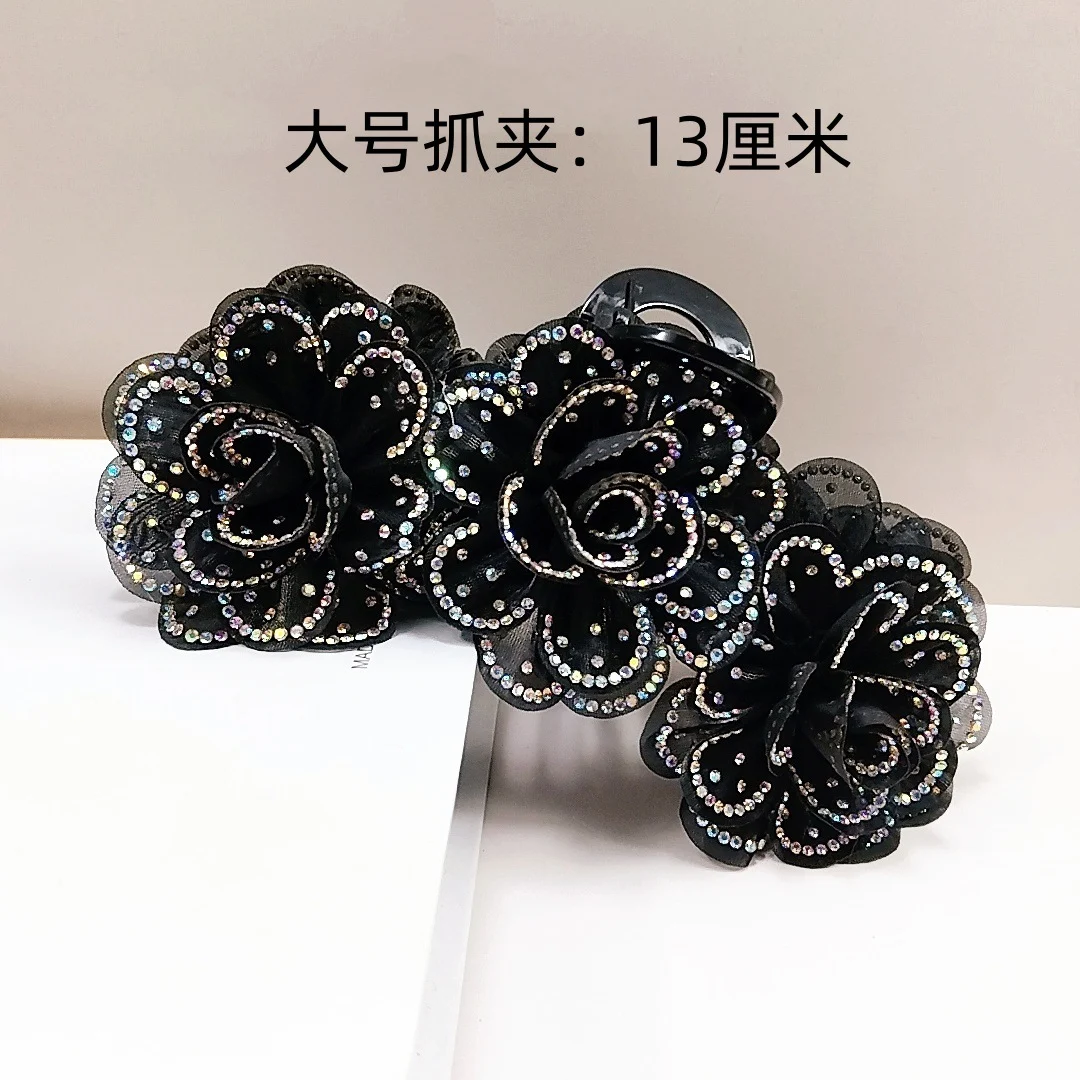 Central Asia's new super flash rhinestone three-dimensional mesh clip camellia head flower high-end noble light luxury hair clip