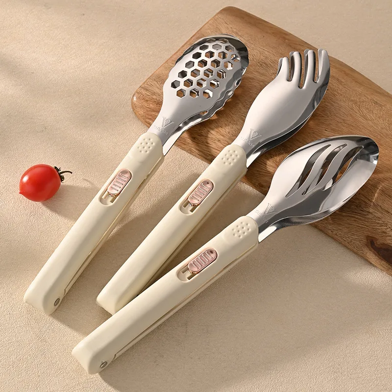 304 stainless steel food clip with lock buckle anti-slip hollow bread clip steak clip barbecue frying spatula kitchen food clip