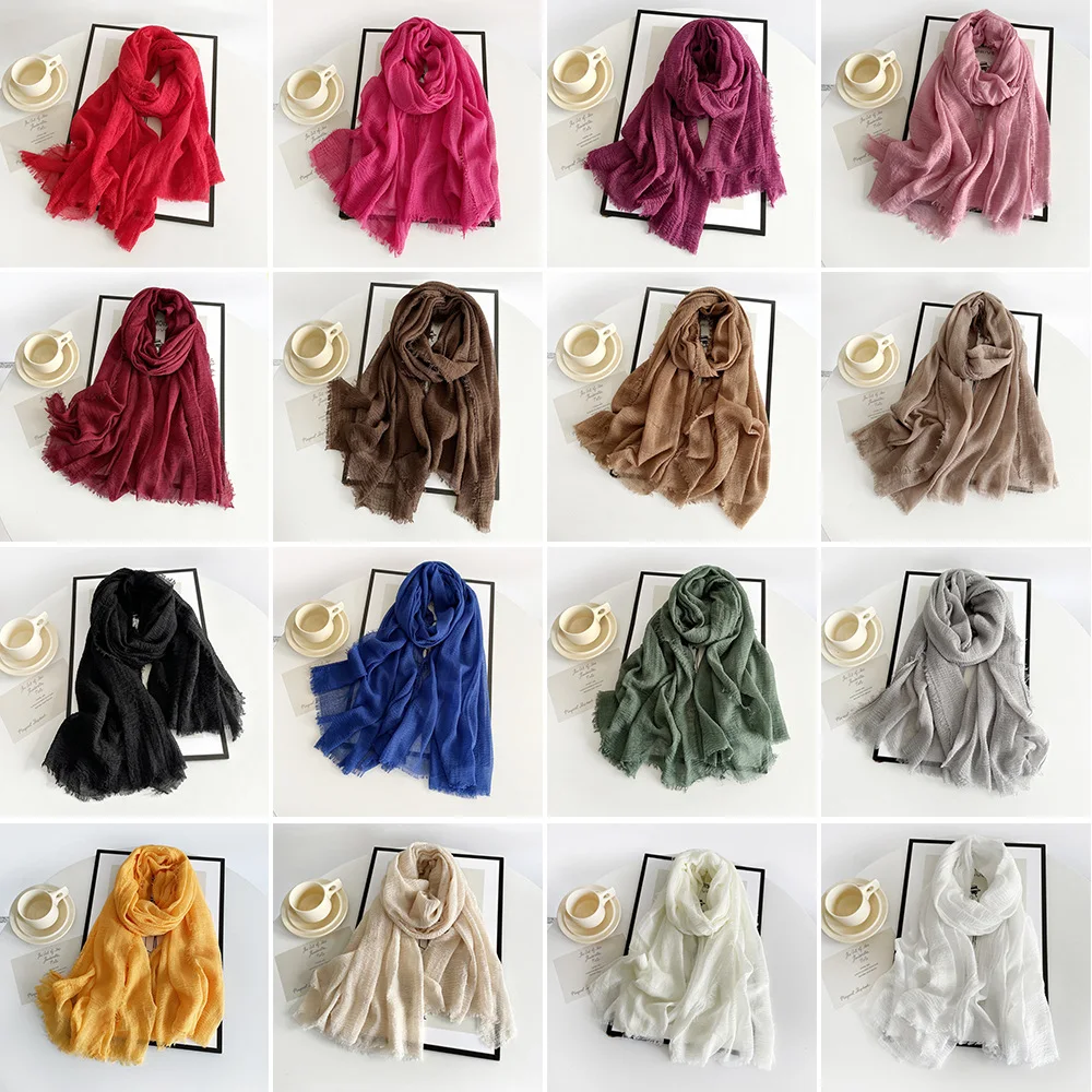 Cotton and linen scarf women's gauze scarf new solid color scarf summer sun protection breathable shawl retro thick raw edge silk scarf