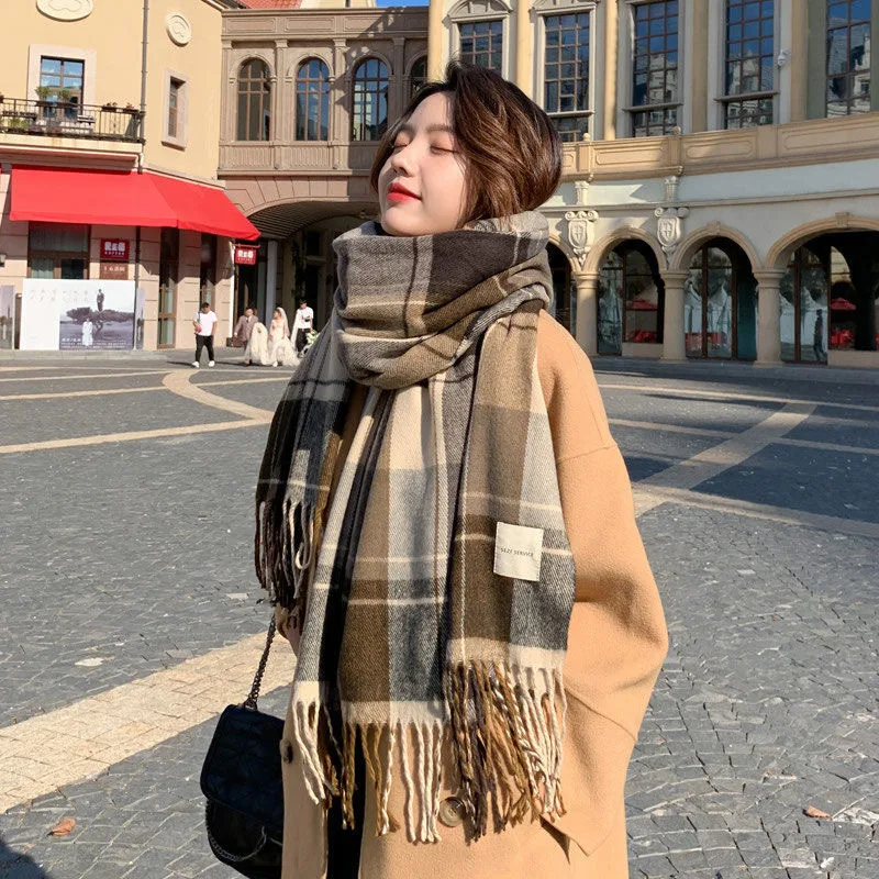 Scarf Women's Winter Thickened Warm Imitation Cashmere Plaid Shawl Korean Style Versatile Tassel Scarf Wholesale