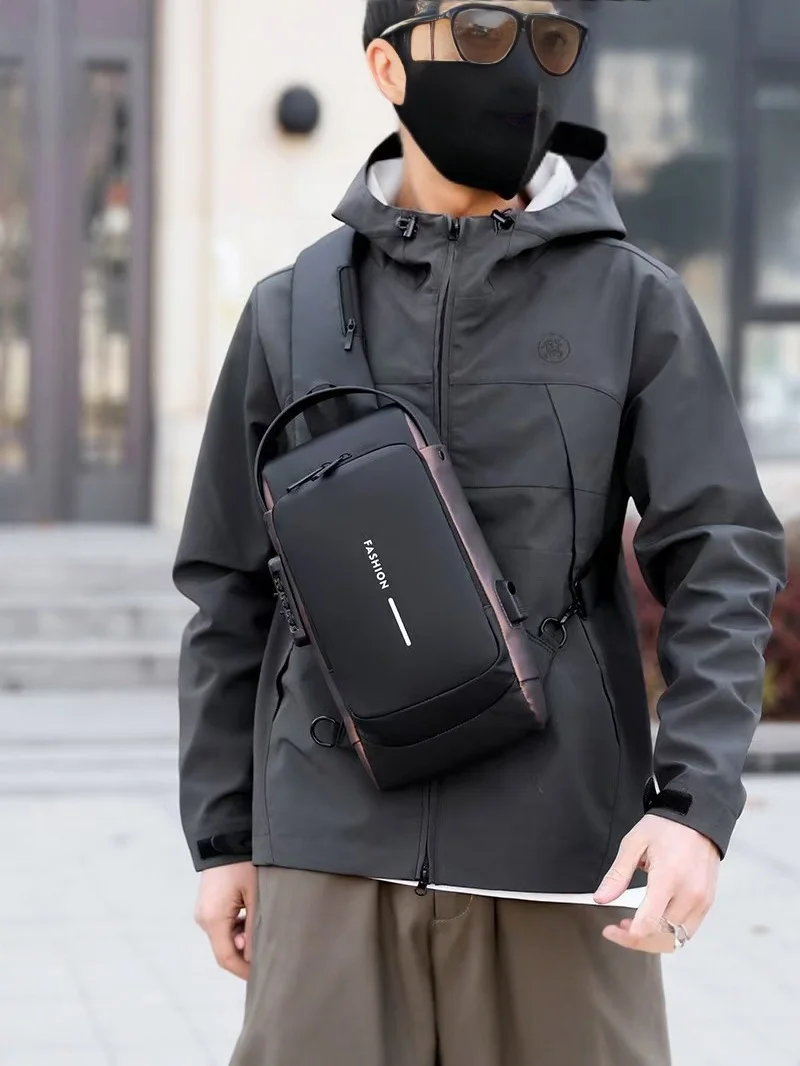 New men's crossbody bag waterproof and wear-resistant PU chest bag portable travel bag password lock casual shoulder bag motorcycle bag
