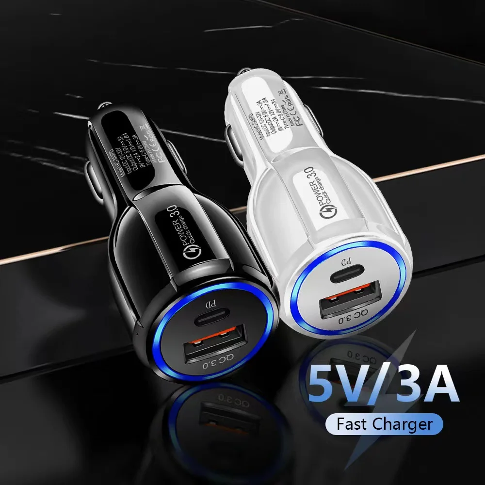 Popular PD+QC3.0 car charger dual-port car charger mobile phone fast charge 24V flash charge USB one-to-two car charger