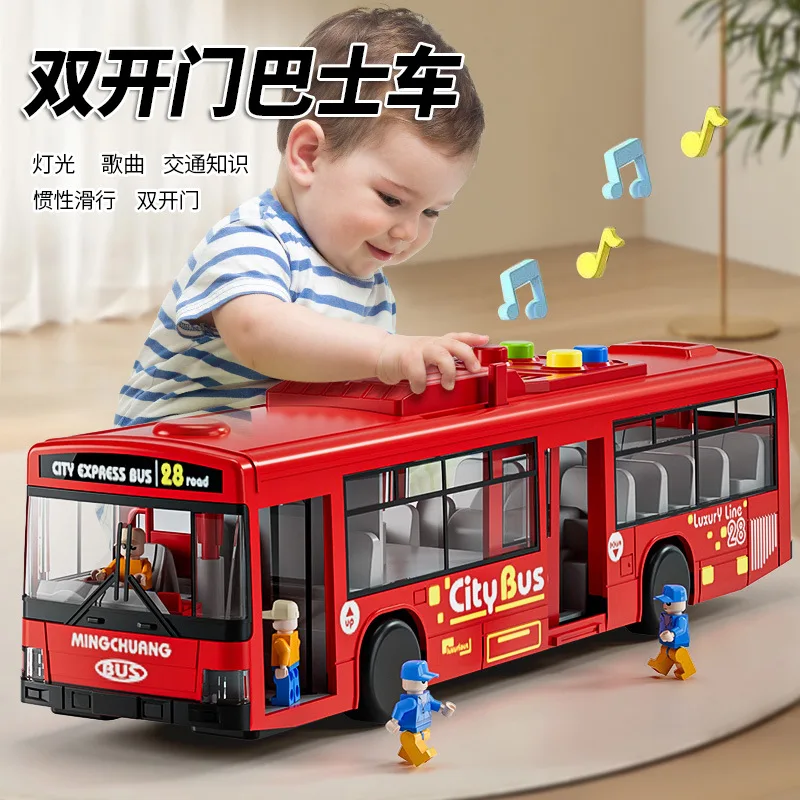 Children's toy car 1-3 years old double-door bus baby pull-back car boy large car model light music