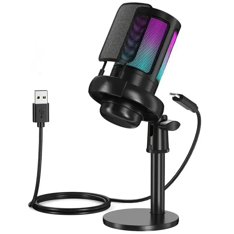 USB condenser microphone RGB colorful computer karaoke game voice recording mobile phone live broadcast cross-border wired microphone