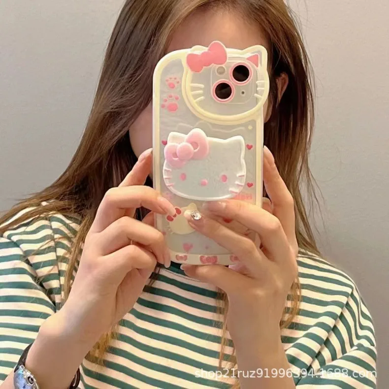 KT cat with stand 17 mobile phone case iPhone13 cartoon soft shell Apple 12 mobile phone 15pro protective cover 16 2