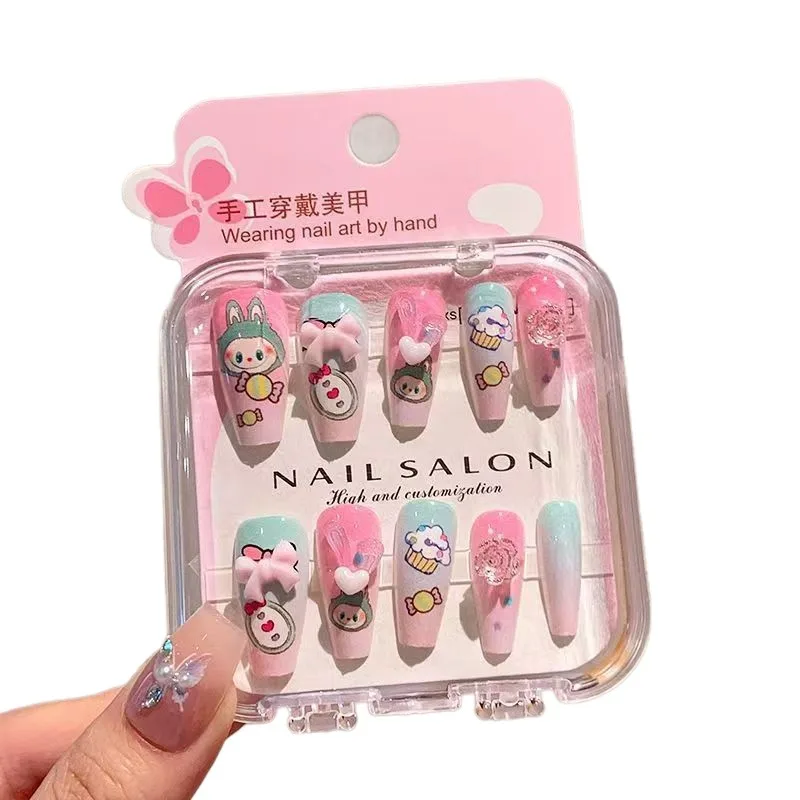 Labubu Nail Art Sticker Cartoon Three-dimensional HelloKitty Wearing Nail Girl Sweet and Cute Long Nail Sticker 5
