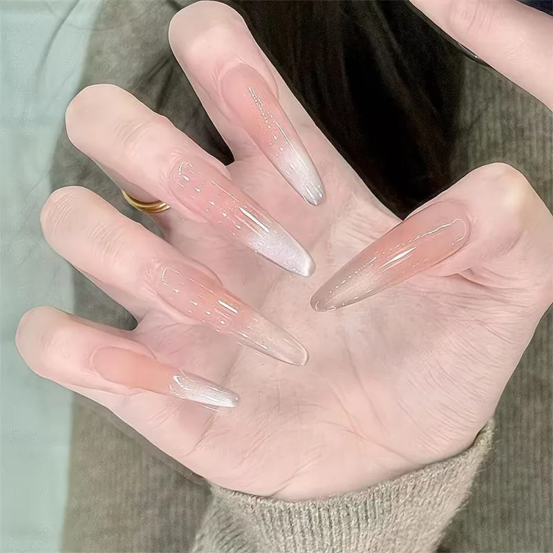 Pure lust chasing cat eye manicure super fairy flash blush gradient glass beads wearable nails long pointed round handmade nails