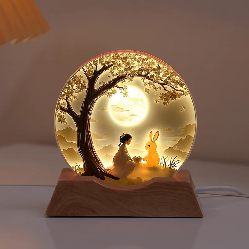 Moon Crystal Night Light Luminous Ornament Creative Rabbit Lamp Bedroom Desktop Decoration Atmosphere Light Holiday Gift