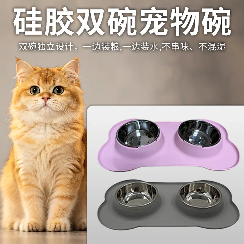 Pet Bowl Cat Drinking Water Rice Bowl Pet Small and Medium Cat Food Bowl Stainless Steel Double Bowl Pet Folding Drinking Water Artifact
