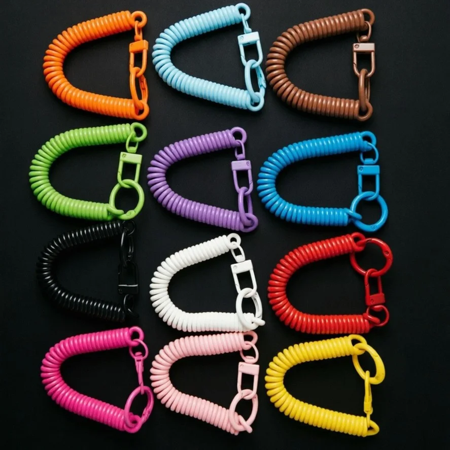 Telephone cord spring key chain candy-colored alloy ring door buckle spray-painted spring rope anti-lost telescopic card holder lanyard