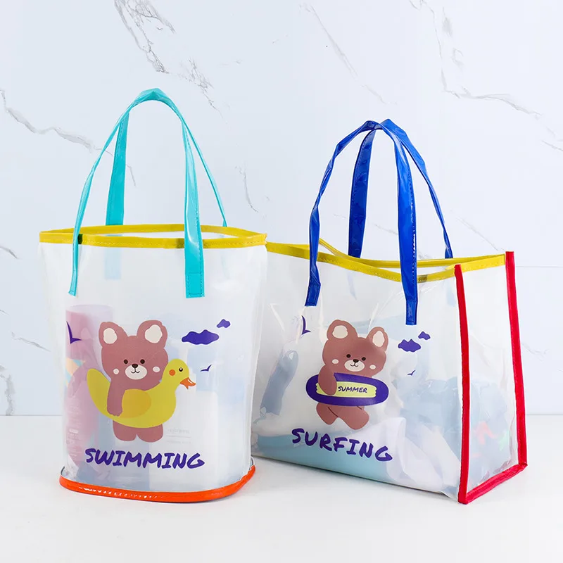 Cute transparent jelly bag PVC waterproof handbag Cartoon swimming bag wash storage bag drain mommy bag